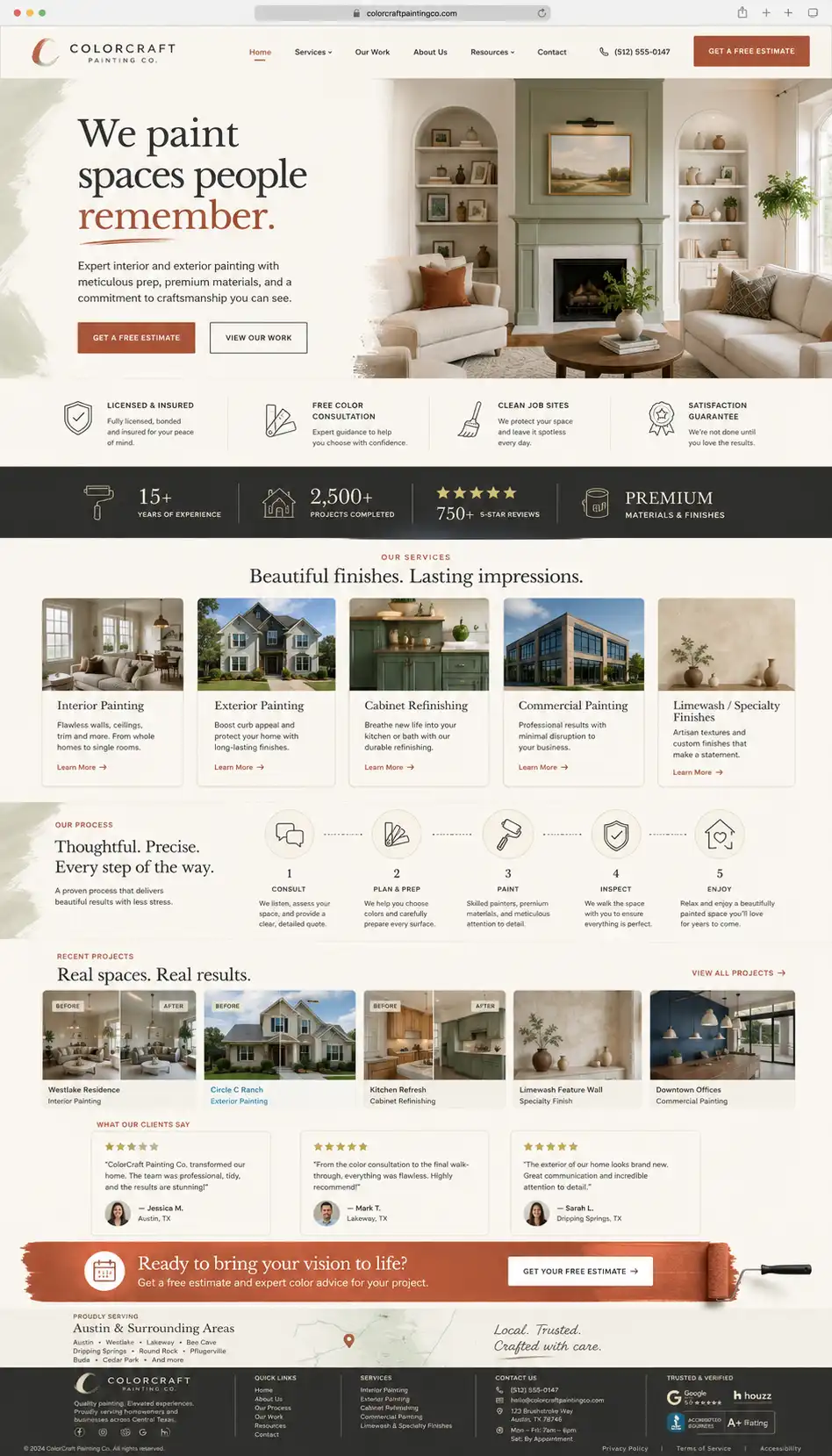 Example painting contractor website: "We paint spaces people remember" hero over a freshly painted living room