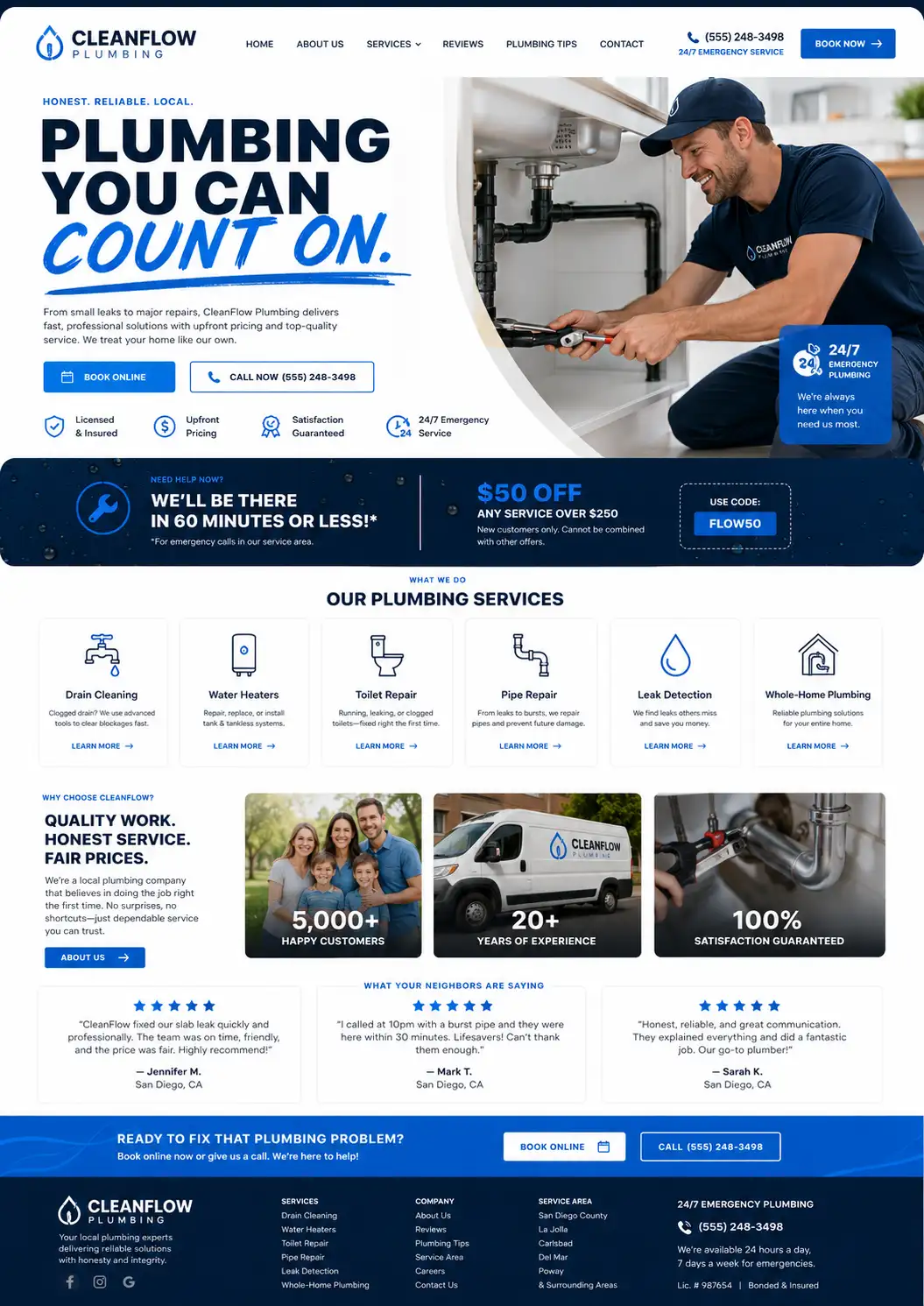 Example plumbing contractor website: "Plumbing you can count on" hero with a plumber working under a sink