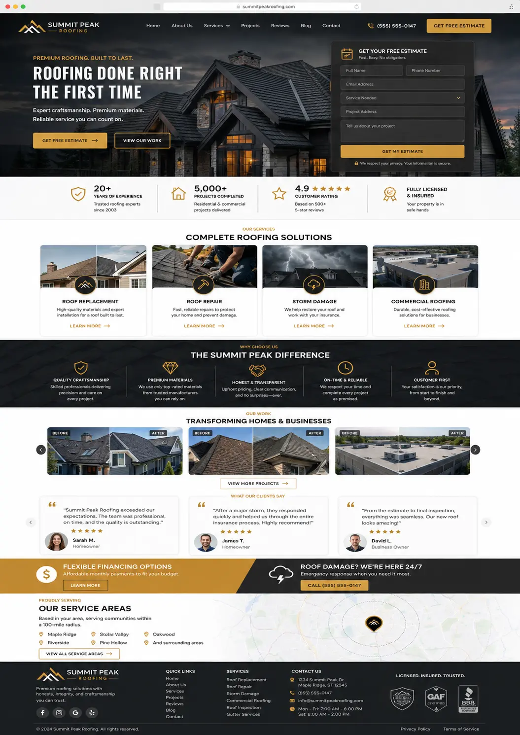 Example roofing contractor website: "Roofing done right the first time" hero over a finished roof at dusk